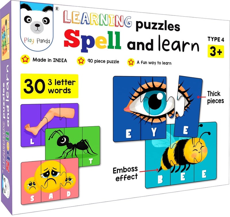 Play Panda Spell & Learn Type 4 – 90 Piece Spelling Puzzle for Kids (Ages 3+) - Learn 30 Three Letter Words with Colorful Pictures - Image 1